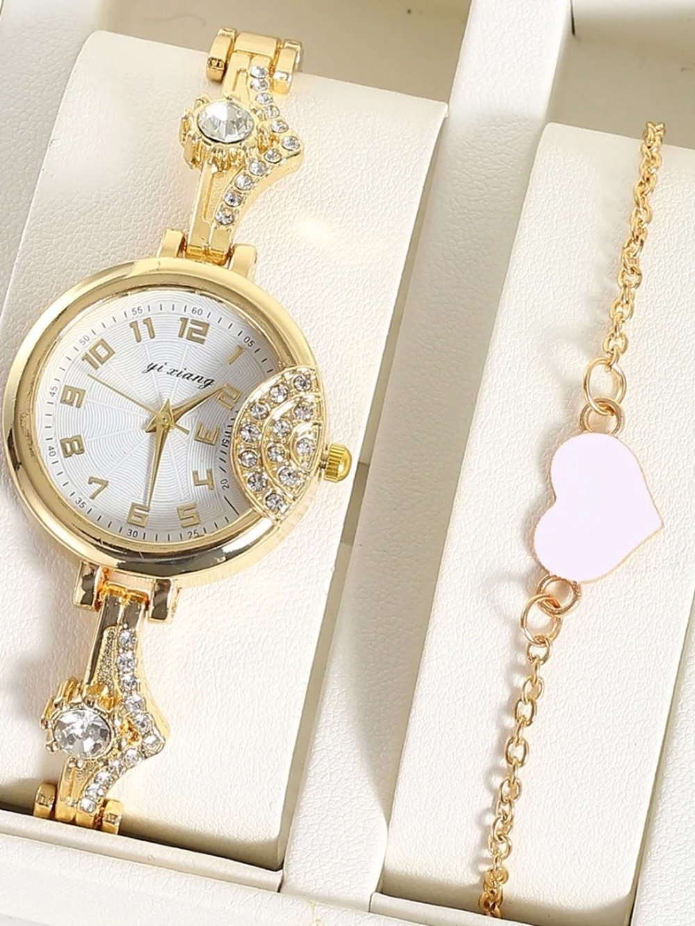 Gold-Tone Crystal Accent Women's Watch with Pink Heart Bracelet